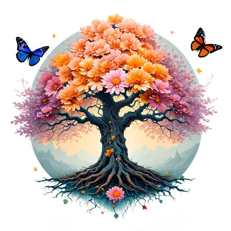 back tattoo posion tree with died flower and butterflies surrounding the tree tattoo design idea
