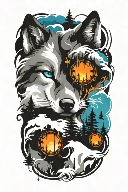wolf blue eyes forest landscape tattoo design idea