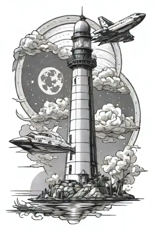 Florida theme canal with lighthouse in background and space shuttle launch in sky tattoo design idea