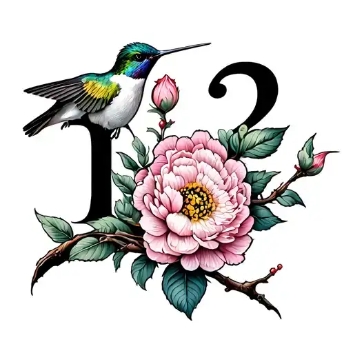 a colorful hummingbird feeding from three peonies perch on a branch made from the roman number 1, 2, and 3 tattoo design idea