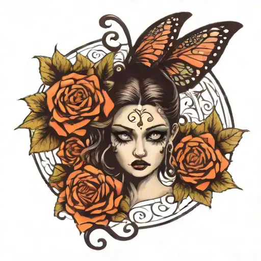 Dark fairy with head as a hypnotizing eye surrounded tattoo design idea