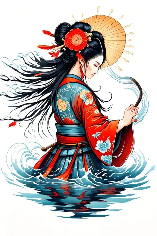 Japanese samurai woman water bending around her entire body tattoo design idea