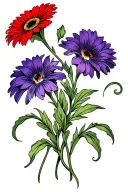 red gerbera daisy side by side intertwined with purple iris, with stems intertwined and swirling down tattoo design idea
