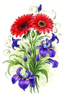 red gerbera daisy side by side intertwined with purple iris, with stems intertwined and swirling down tattoo design idea