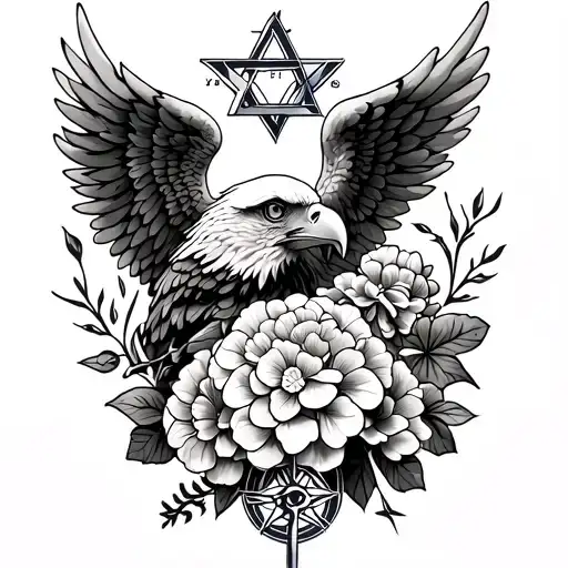 Half sleeve tattoo with angel wings, hydrangea, star of david, bald eagle, clover, celtic symbol, and compass and arrow tattoo design idea