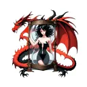 dragon, colored red black grey, wraps hourglass, topless demon woman with black hair trapped inside hourglass tattoo design idea