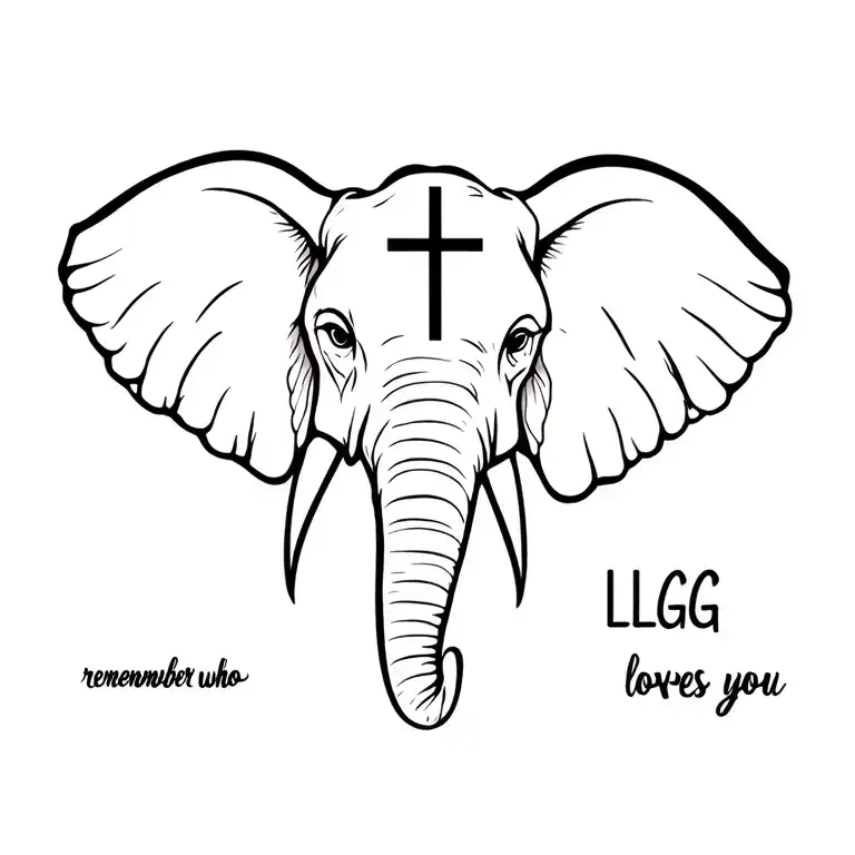 And elephant head with a cross faded into the design somewhere with the words "remember who loves you"   "LLGG 🕊️🕊️" tattoo design idea