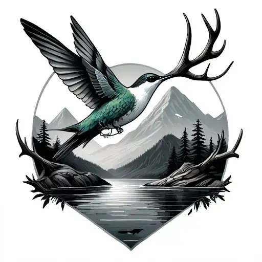 fishing, antlers , mountains and humming bird tattoo design idea