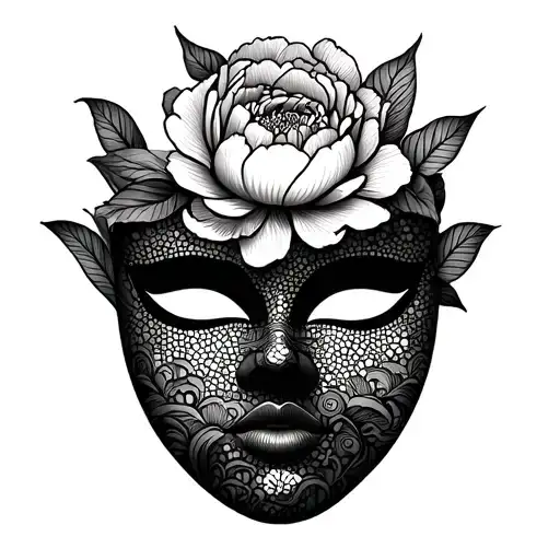 Hanya mask with peonie flowers in negative space tattoo design idea
