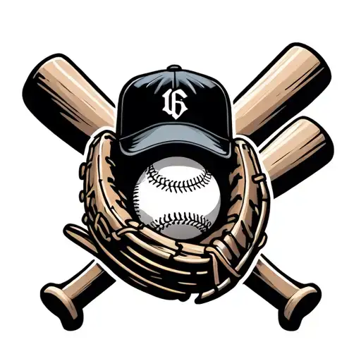 baseball glove holding a baseball, in front of two cross bats with a baseball hat on top  tattoo design idea