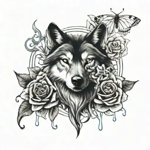 star, wolf, flower rose blue, butterfly emerging tattoo design idea