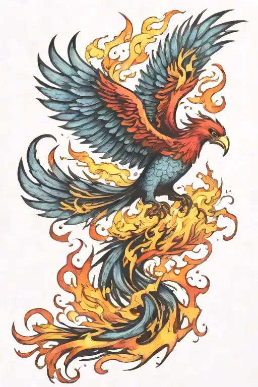 watercolor phoenix rising from flames tattoo design idea