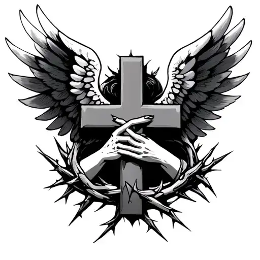 wings holding cross surrounded by thorns wrapped tattoo design idea