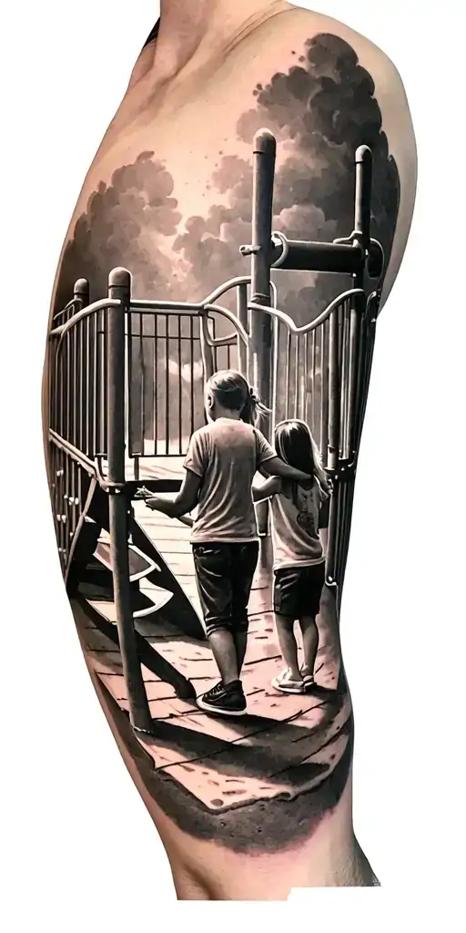 Full length arm tattoo of 2 girls (one slightly older then the other) and their dad playing at a playground. Have them a tattoo design idea