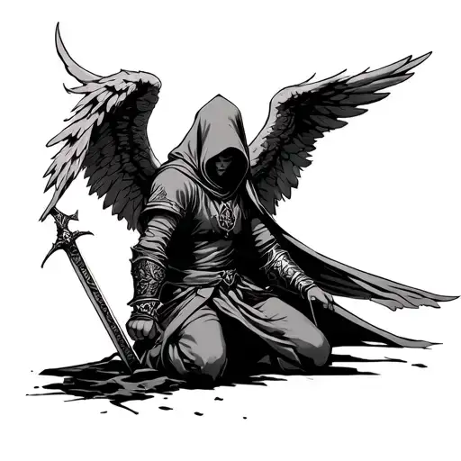 hooded angel warrior with wings kneeling on one knee with sword facing down tattoo design idea