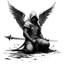 hooded angel warrior with wings kneeling on one knee with sword facing down tattoo design idea