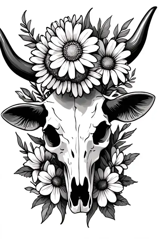 western bull skull with daisy and sweet pea flower and a cow tag tattoo design idea