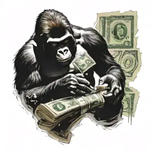 A gorilla welding together a pile of money with a girl admiring the craftsmanship tattoo design idea