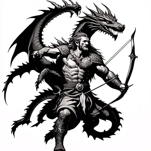 Viking with bow and arrows fighting a dragon tattoo design idea