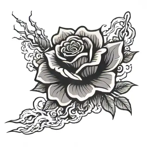 japanese style tattoo with a black rose being hit by lightning tattoo design idea