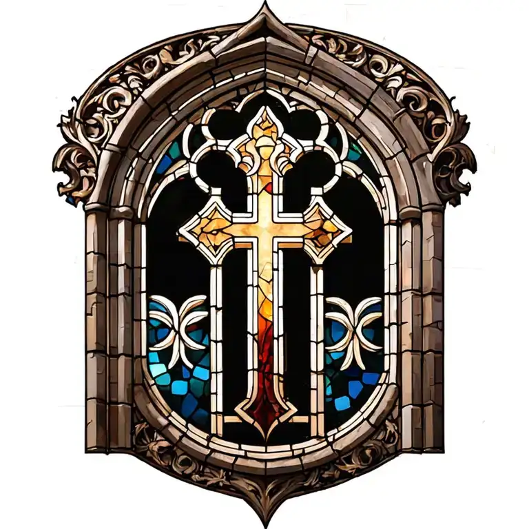 gothic cathedral stained glass window with orthodox cross tattoo design idea
