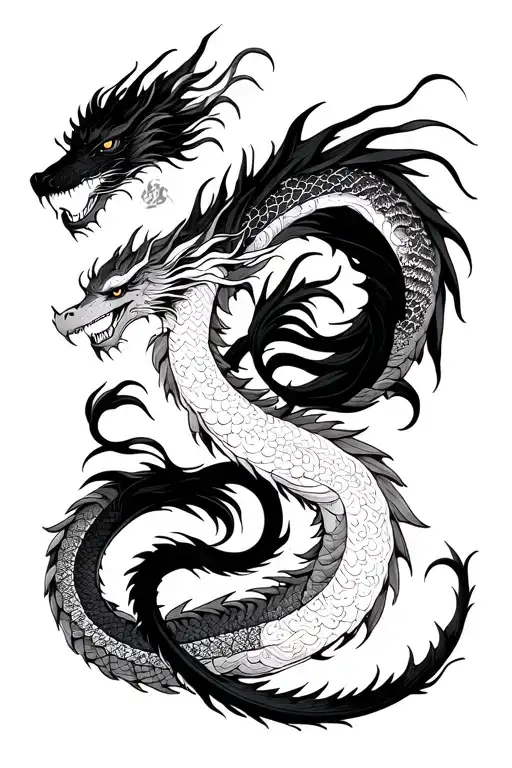 yang yang with dragons, fine lines, on the back tattoo design idea