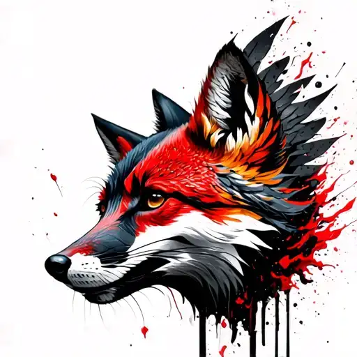 Melanistic Cross Fox Face mixed with Phoenix rising from ashes tattoo design idea