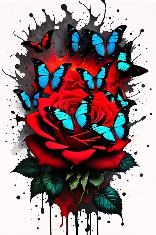 Burning blue and black butterflies sitting on a dead rose  tattoo design idea