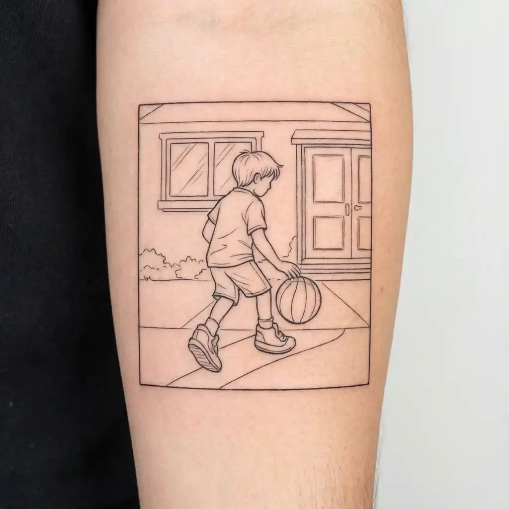 little kid playing basketball in driveway leading to tiny house tattoo design idea