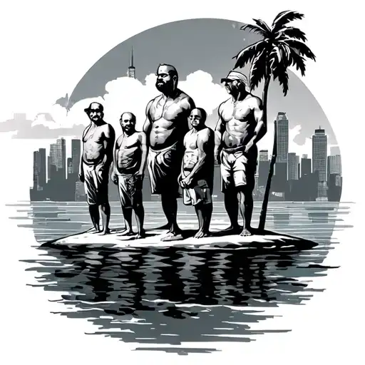 4 middle aged guys on an island with a city skyline in the background tattoo design idea