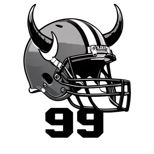 An American football helmet with viking horns with the number 99 in varsity font writing slightly below  tattoo design idea
