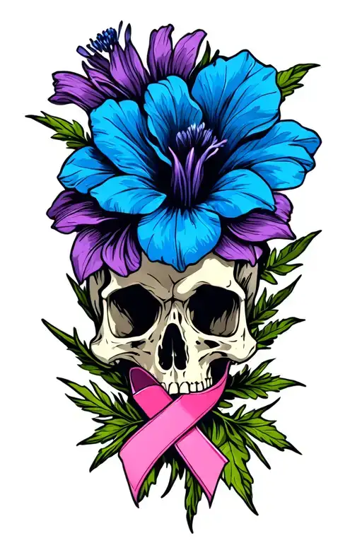 Colorado Blue Columbine flower and skull with breast cancer ribbon  tattoo design idea