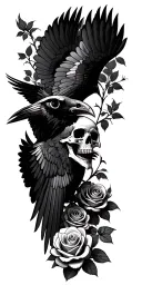 ravens flying, skulls, forest, roses with stems tattoo design idea