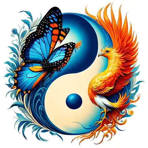 butterfly and phoenix yin yang tattoo design idea
