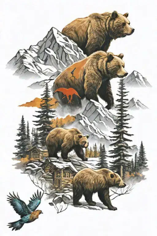 mountain and cabin scene with 2 bears and then three colored birds scatted through through the backround tattoo design idea