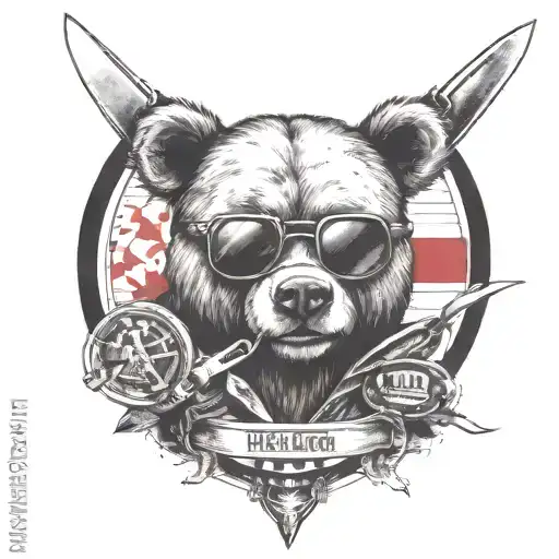 trash polka style tattoo featuring teddy bear and chef knife tattoo design idea