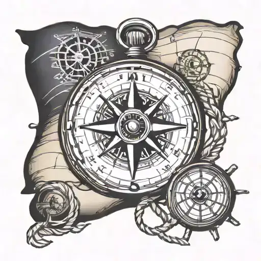compass with pocket watch over a pirate map tattoo design idea