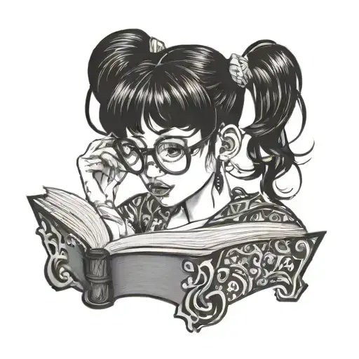 glasses girl with black hair and gaged earrings reading a book tattoo design idea