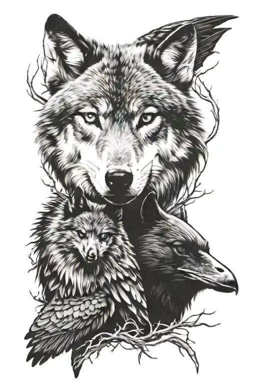 wolf and raven standing tattoo design idea