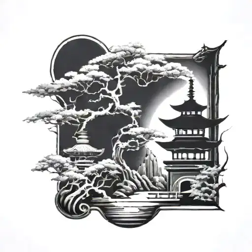 pagoda and bonsai tree and kaizen brush negative space tattoo design idea