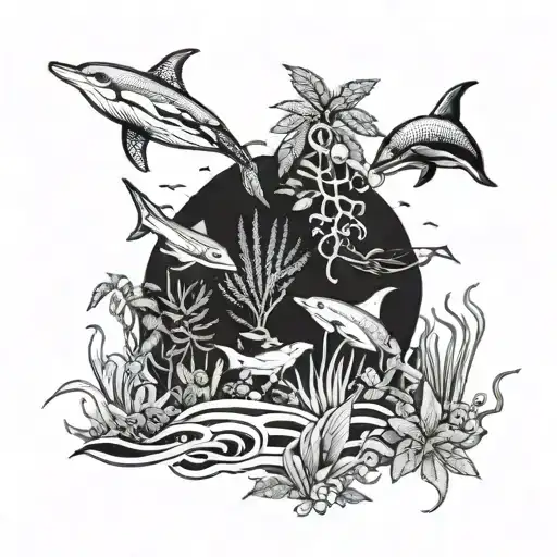 A surreal underwater scene with cannabis plants growing among colorful coral reefs and surfing dolphins tattoo design idea