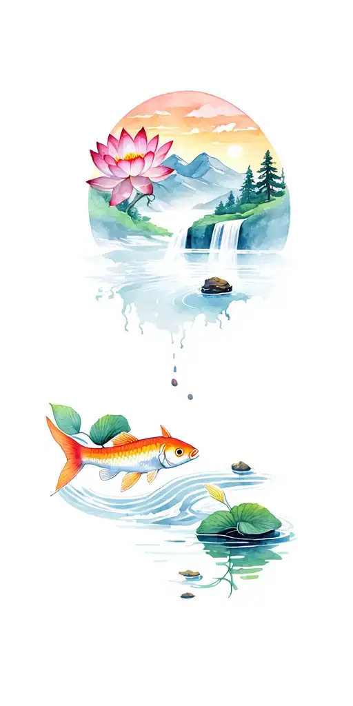 Starts lotus flower & coy fish on wrist then river & valley, lead into forest with waterfall sunset white pinetree space tattoo design idea
