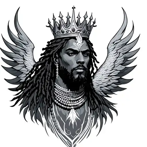 Rising Phoenix, aqua man who is black with dreadlocks, Pisces, beads on the neck and king crown tattoo design idea