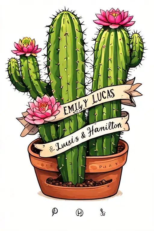 Cactus tattoo with the names Emily, Lucas, and Hamilton hidden in the arms tattoo design idea