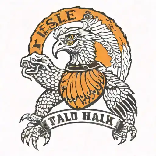 Flying black Hawk holding with its talons a white and black with orange letters #16 Leslie football jersey with wrestlin tattoo design idea