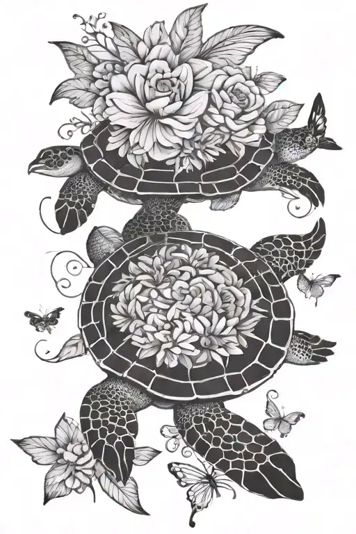 turtle swimming, flowers surrounding, butterflies flying tattoo design idea