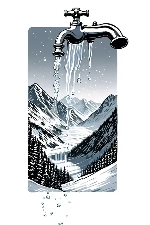 faucet tap with water turning into snowflakes over the mountains tattoo design idea