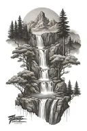 waterfall forest mountain tattoo design idea