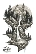waterfall forest mountain tattoo design idea