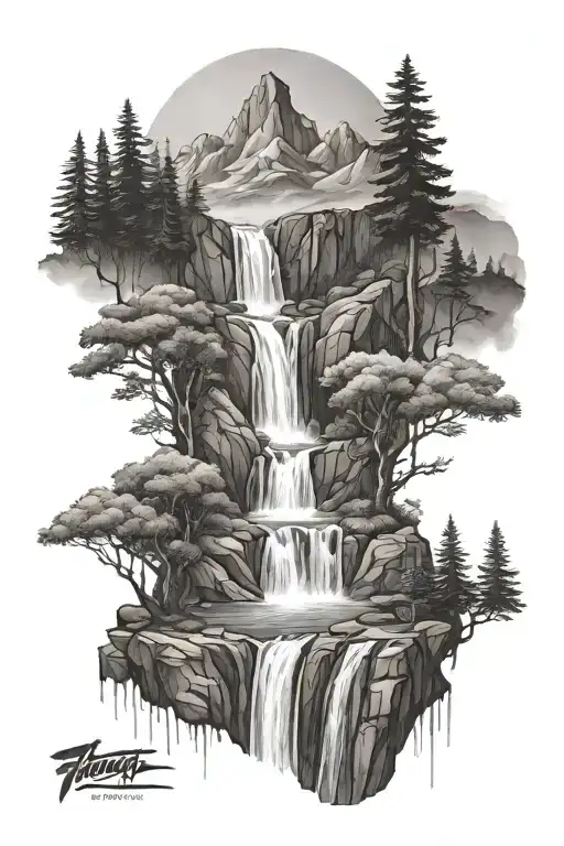 waterfall forest mountain tattoo design idea
